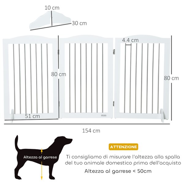 PawHut Cancellino per Cani Pieghevole a 3 Pannelli in Legno e Acciaio, 154x30x80 cm, Bianco | Aosom Italy