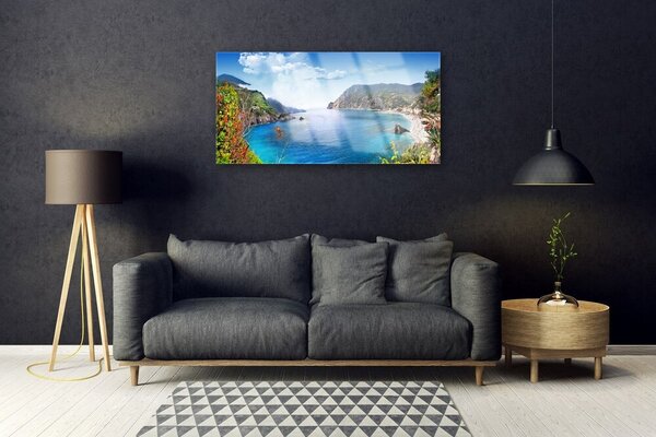 Quadro vetro Baia Montagne Mare Paesaggio 100x50 cm 2 appendini