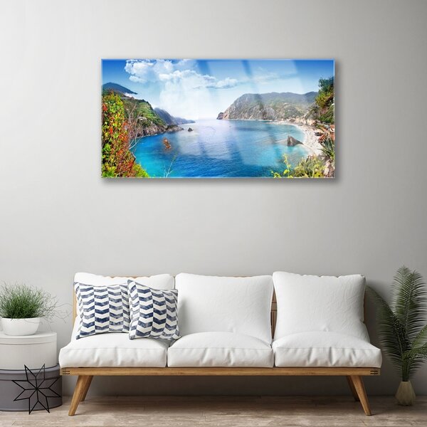 Quadro vetro Baia Montagne Mare Paesaggio 100x50 cm 2 appendini