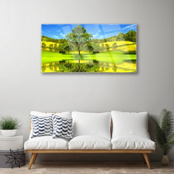 Quadro in vetro Prato Albero Natura 100x50 cm 2 appendini