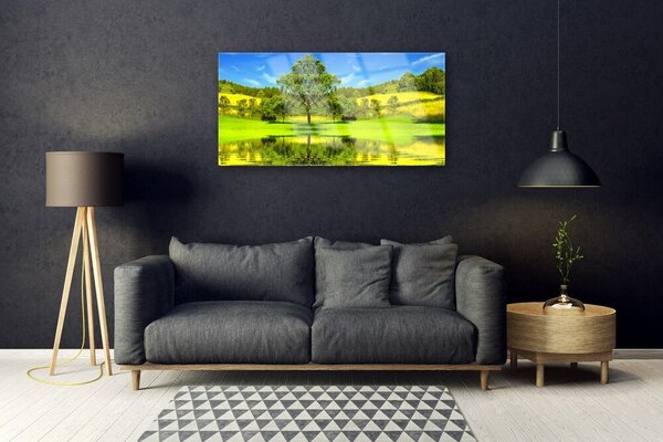 Quadro in vetro Prato Albero Natura 100x50 cm 2 appendini