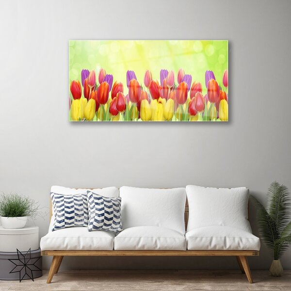 Quadro di vetro Tulipani Fiori Pianta 100x50 cm 2 appendini