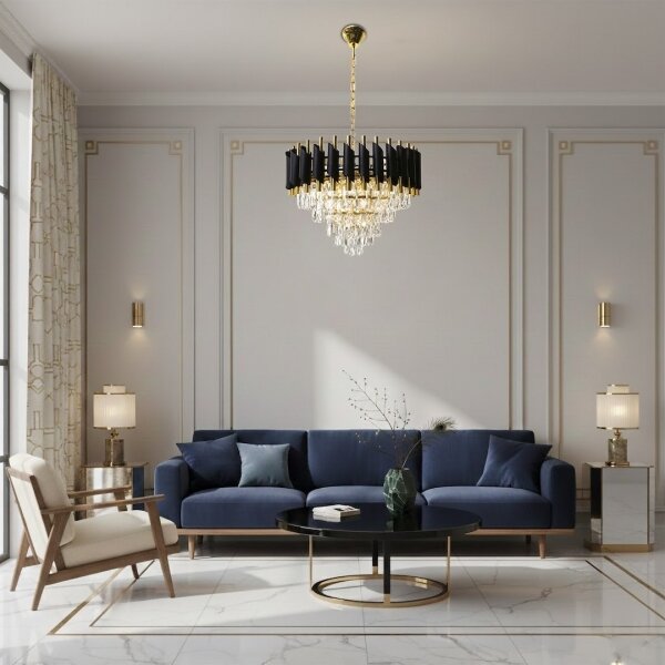 Lampadario a catena CRISTAL 7xE14/10W/230V nero/oro