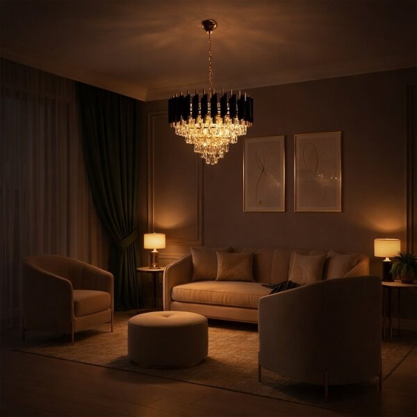 Lampadario a catena CRISTAL 7xE14/10W/230V nero/oro