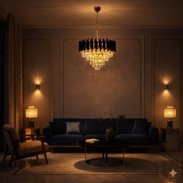 Lampadario a catena CRISTAL 7xE14/10W/230V nero/oro