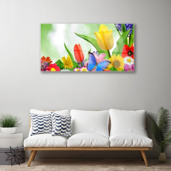 Quadro in vetro Farfalla Fiori Natura 100x50 cm 2 appendini