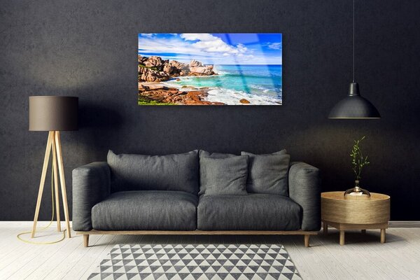 Quadro di vetro Spiaggia Rocce Mare Paesaggio 100x50 cm 2 appendini
