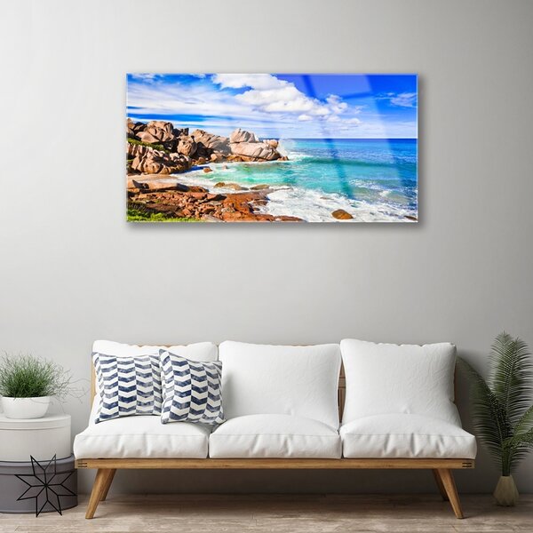 Quadro di vetro Spiaggia Rocce Mare Paesaggio 100x50 cm 2 appendini