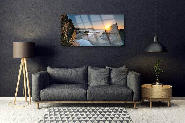 Quadro in vetro Spiaggia di roccia Sole Paesaggio 100x50 cm 2 appendini