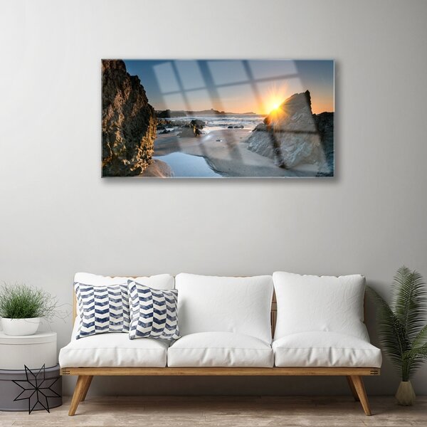Quadro in vetro Spiaggia di roccia Sole Paesaggio 100x50 cm 2 appendini