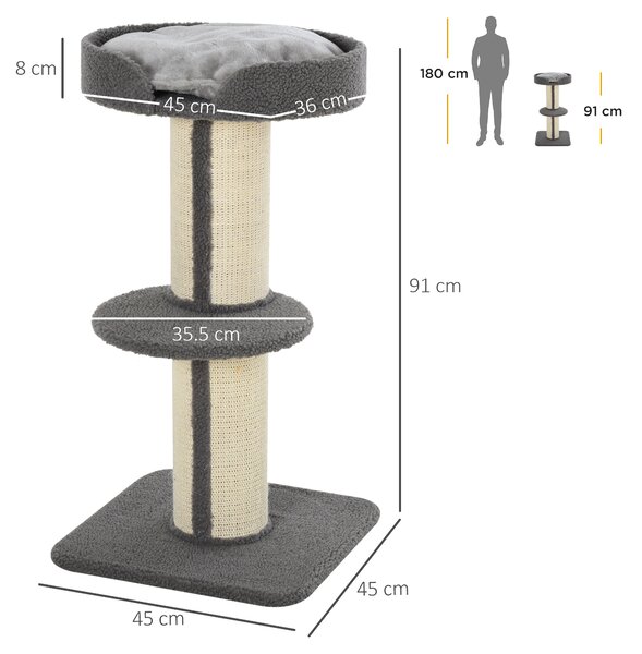 PawHut Tiragraffo gatto multi-attività albero per gatti 81cm con cuscino colonna in sisal Agnello cashmere grigio|Aosom