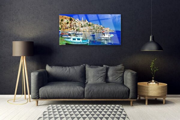 Quadro in vetro Barche Città Mare Paesaggio 100x50 cm 2 appendini