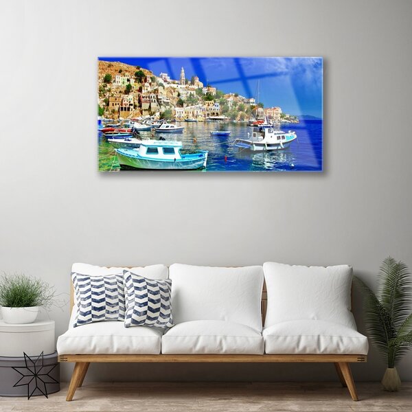 Quadro in vetro Barche Città Mare Paesaggio 100x50 cm 2 appendini