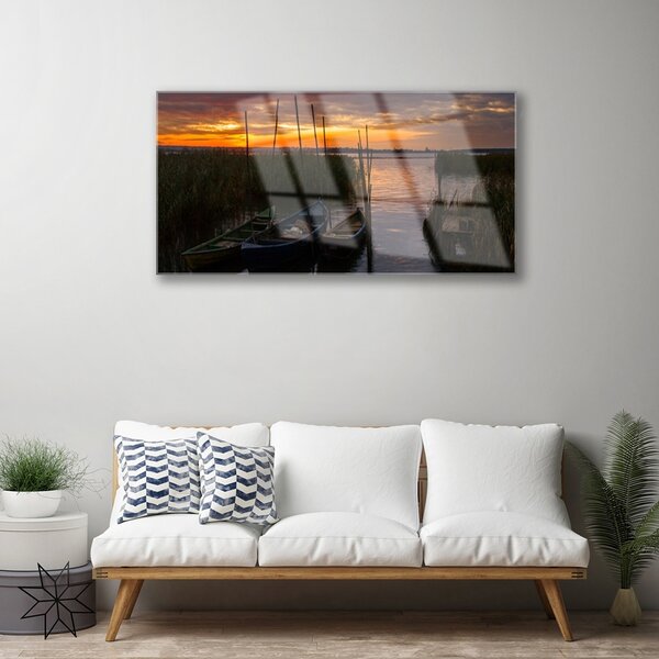 Quadro vetro Barche Paesaggio in erba marina 100x50 cm 2 appendini