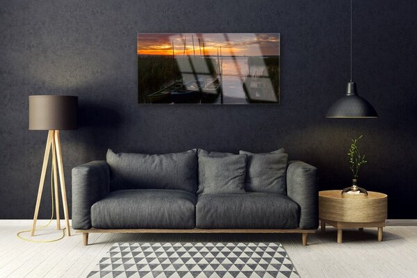 Quadro vetro Barche Paesaggio in erba marina 100x50 cm 2 appendini