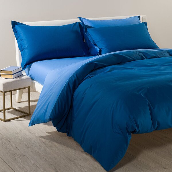 Completo Copripiumino In Cotone Bicolor Singolo Caleffi Tinta Unita Blu Caleffi