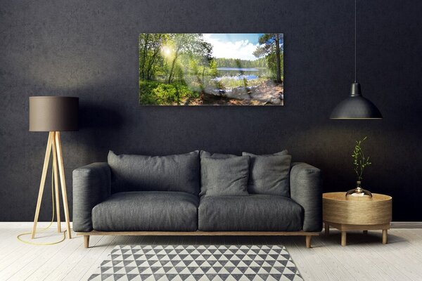 Quadro in vetro Foresta Alberi Lago Natura 100x50 cm 2 appendini