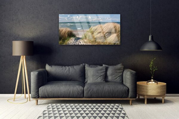 Quadro vetro Spiaggia mare erba paesaggio 100x50 cm 2 appendini