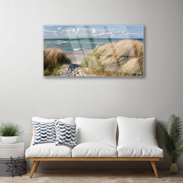 Quadro vetro Spiaggia mare erba paesaggio 100x50 cm 2 appendini