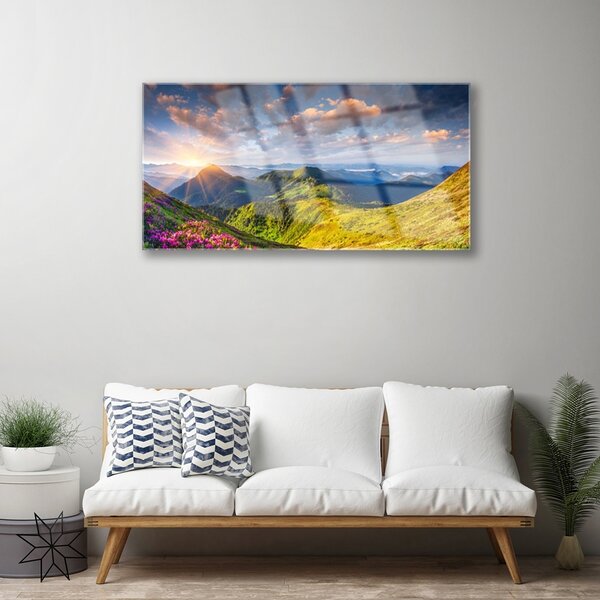 Quadro in vetro Montagne Sole Prato Paesaggio 100x50 cm 2 appendini