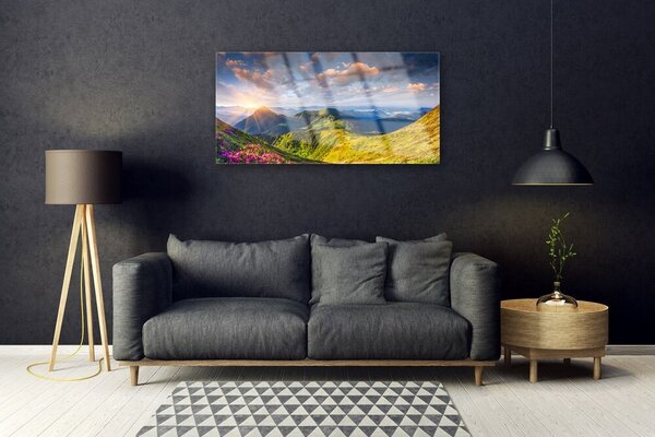 Quadro in vetro Montagne Sole Prato Paesaggio 100x50 cm 2 appendini
