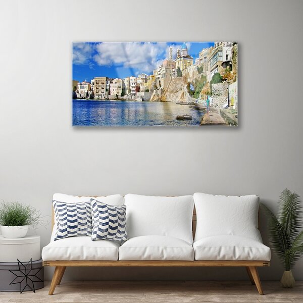 Quadro di vetro Architettura della città e del mare 100x50 cm 2 appendini