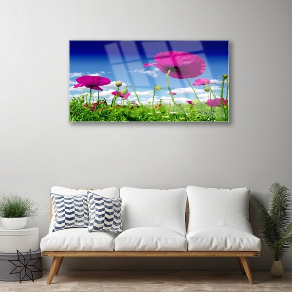 Quadro in vetro Prato Fiori Cielo Natura 100x50 cm 2 appendini