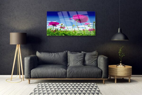 Quadro in vetro Prato Fiori Cielo Natura 100x50 cm 2 appendini