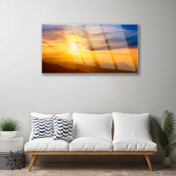 Quadro in vetro Montagna Sole Nuvole Paesaggio 100x50 cm 2 appendini