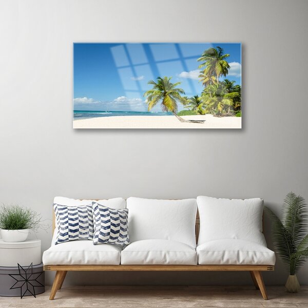 Quadro in vetro Spiaggia Palma Mare Paesaggio 100x50 cm 2 appendini