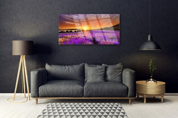 Quadro vetro Campo di lavanda al tramonto 100x50 cm 2 appendini