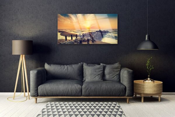 Quadro in vetro Spiaggia frangiflutti Mare Ovest 100x50 cm 2 appendini