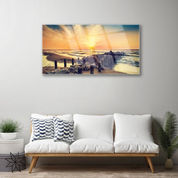 Quadro in vetro Spiaggia frangiflutti Mare Ovest 100x50 cm 2 appendini