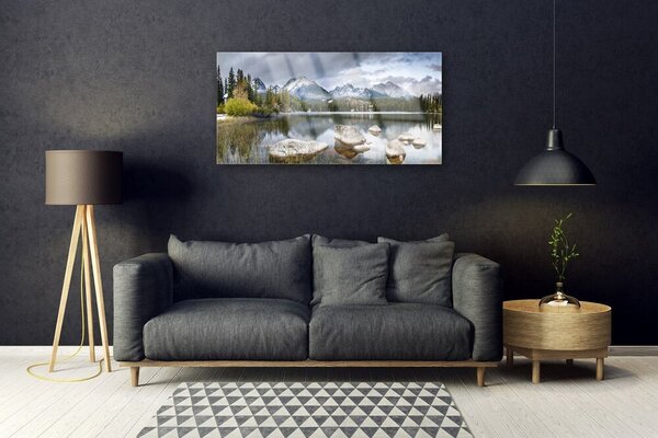 Quadro in vetro Lago Montagne Foresta Paesaggio 100x50 cm 2 appendini