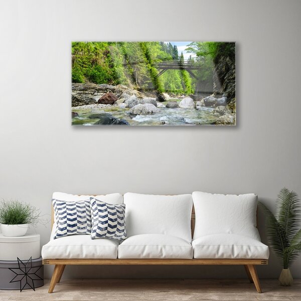 Quadro di vetro Ponte di legno nella foresta 100x50 cm 2 appendini