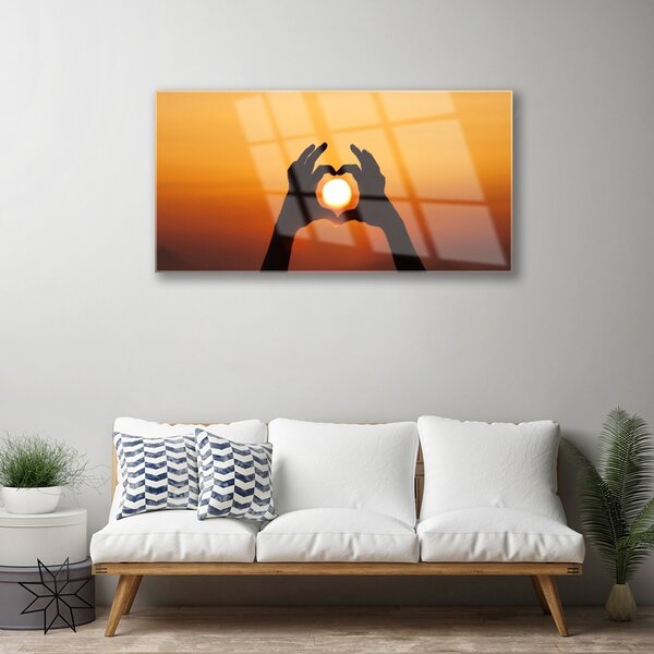 Quadro in vetro Mani Cuore Sole Amore 100x50 cm 2 appendini
