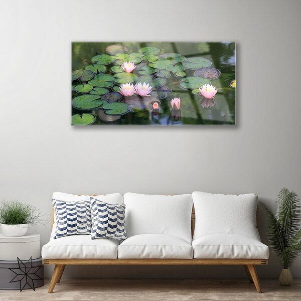 Quadro vetro Laghetto naturale con ninfee 100x50 cm 2 appendini