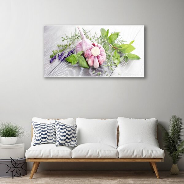 Quadro di vetro Aglio Erbe da cucina 100x50 cm 2 appendini