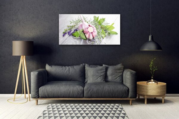 Quadro di vetro Aglio Erbe da cucina 100x50 cm 2 appendini