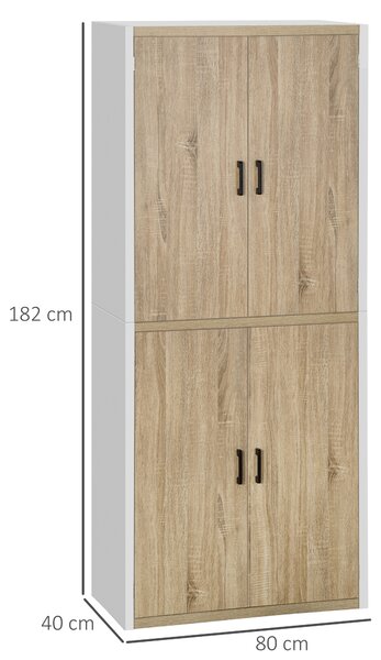 HOMCOM Dispensa Cucina in Legno MDF con 4 Ripiani Regolabili, 4 Porte e Dispositivo Antiribaltamento, 80x40x182cm, Color Legno e Bianco|Aosom