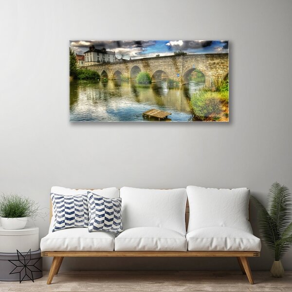 Quadro di vetro Architettura del fiume Bridge 100x50 cm 2 appendini