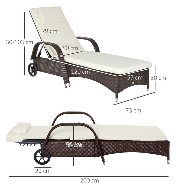 Outsunny Lettino Sedia a Sdraio Prendisole da Giardino in Rattan Altezza Regolabile con Ruote|Aosom