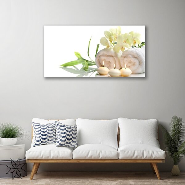 Quadro su vetro Asciugamani Spa Candele Orchidea 100x50 cm 2 appendini