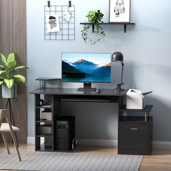 HOMCOM Scrivania PC Moderna con Cassetti, Ripiani e Tastiera Estraibile, per Casa o Ufficio in Legno Nero 152x60x88cm|Aosom