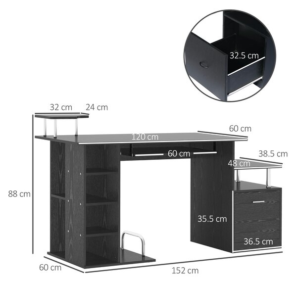 HOMCOM Scrivania PC Moderna con Cassetti, Ripiani e Tastiera Estraibile, per Casa o Ufficio in Legno Nero 152x60x88cm|Aosom