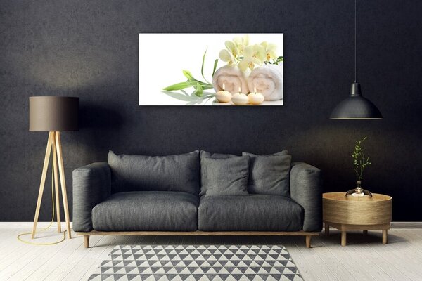 Quadro su vetro Asciugamani Spa Candele Orchidea 100x50 cm 2 appendini