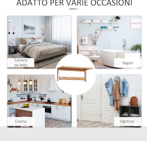 HOMCOM Appendiabiti con Mensola Attaccapanni a Parete con Ripiano Bambù 50 × 16 × 17.5cm|Aosom