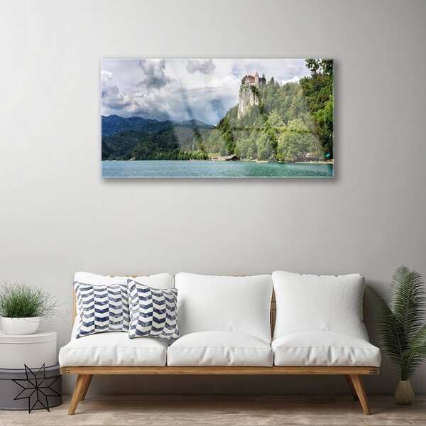 Quadro in vetro Castello in montagna Paesaggio forestale 100x50 cm 2 appendini