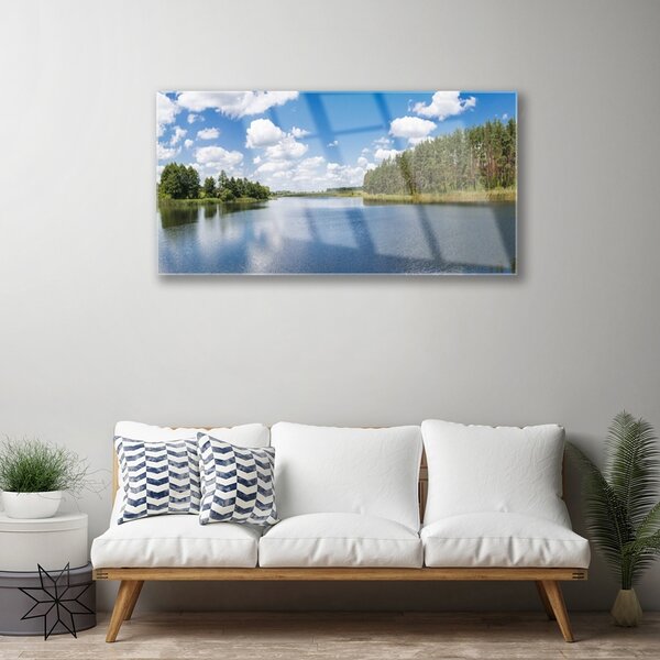 Quadro in vetro Paesaggio della Foresta del Lago 100x50 cm 2 appendini