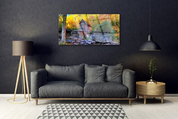 Quadro su vetro Mulino ad acqua Foresta d'autunno 100x50 cm 2 appendini